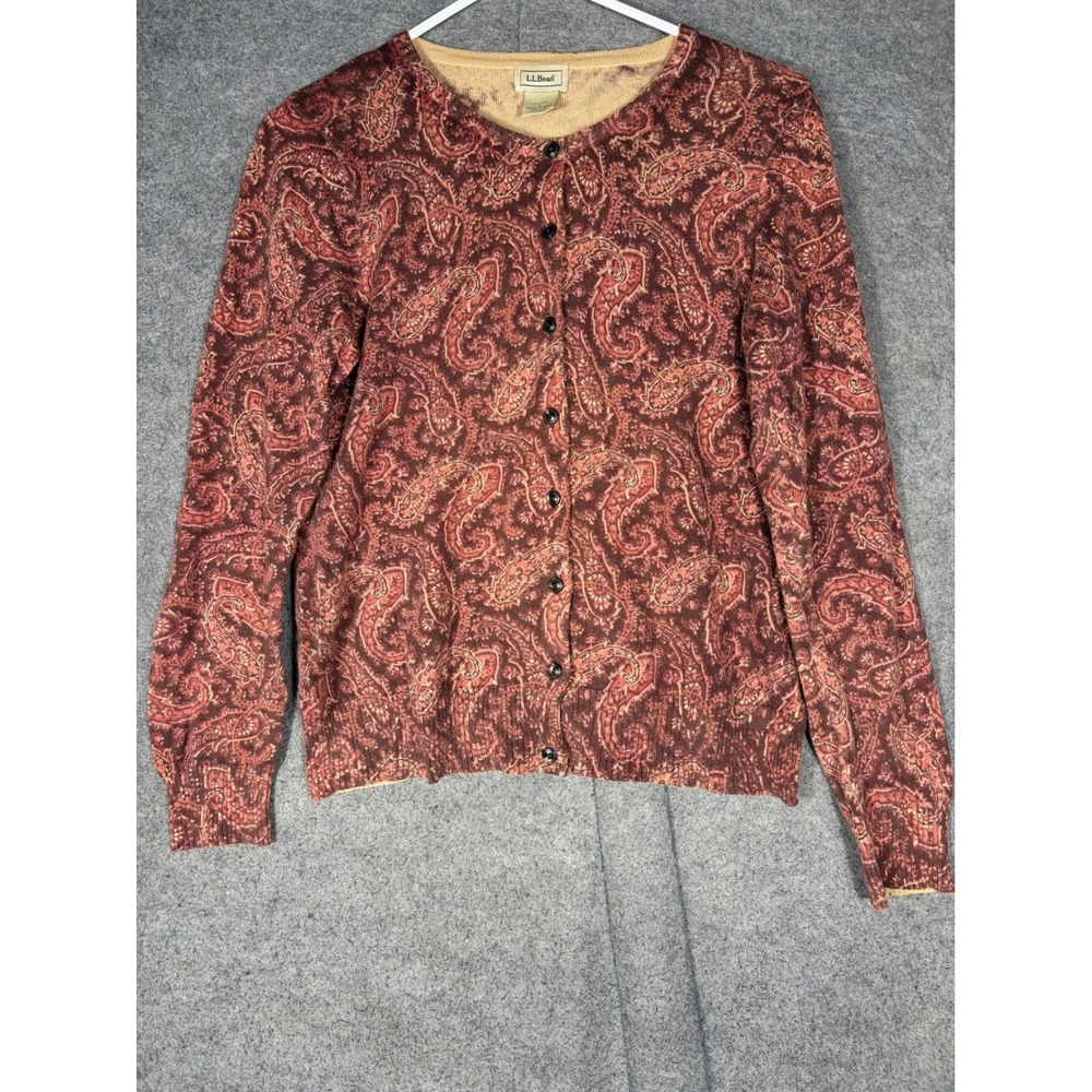 LL Bean Womens Red Paisley Cotton Cardigan Sweater Small 278682 Crew Neck Knit